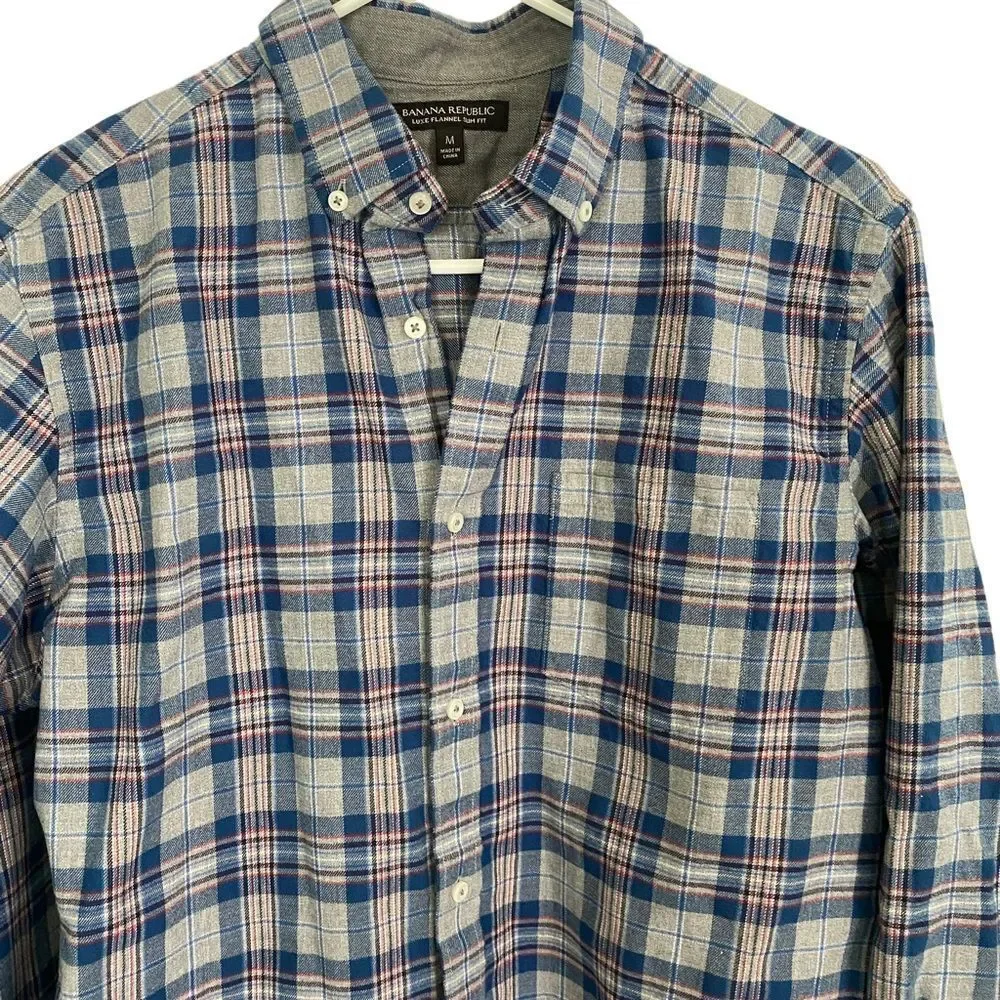 Banana Republic Gray/Blue Striped Luxe Flannel Slim Fit‎ Sz M